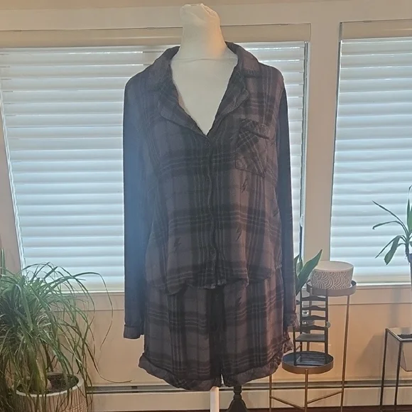 Rails Kellen Lightning Plaid Charcoal Jet Gray Black Womens Pajama Set Large